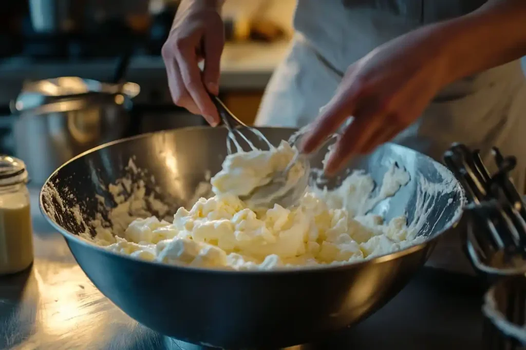 Zubereitung des Quark Schneekuchens mit Pudding: Teig wird in einer Schüssel gerührt