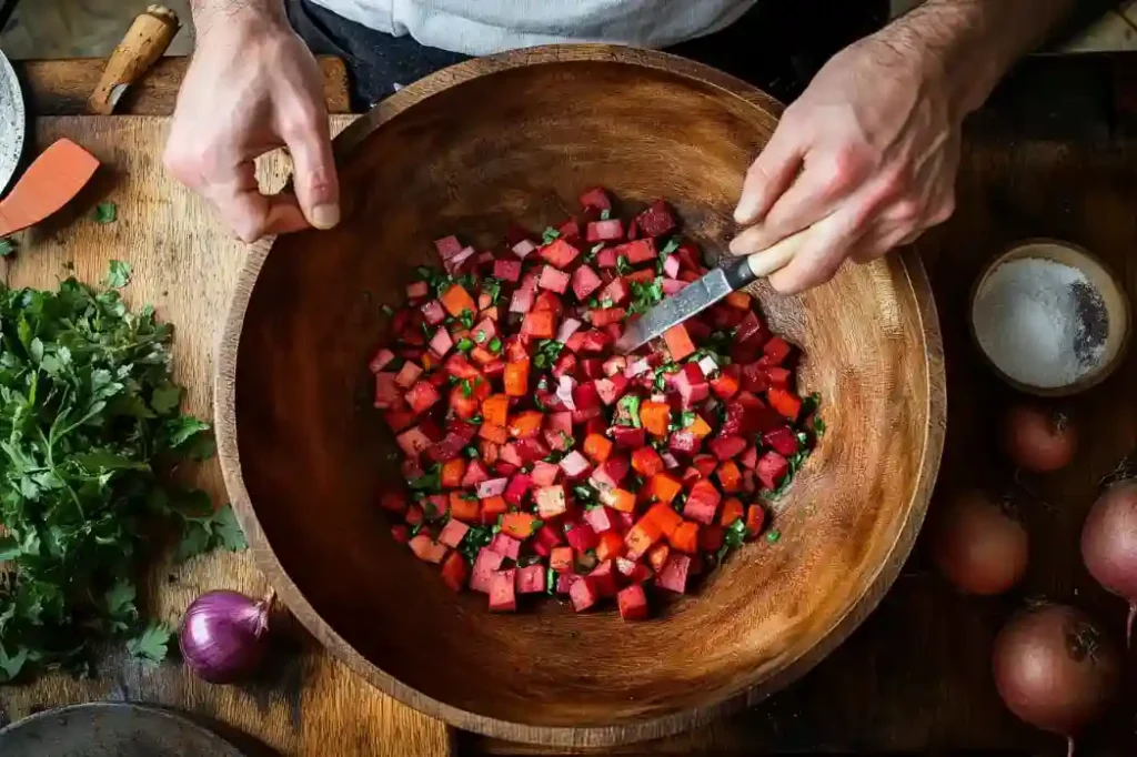 Zubereitung des Rote-Bete-Linsen-Salats in einer großen Holzschüssel