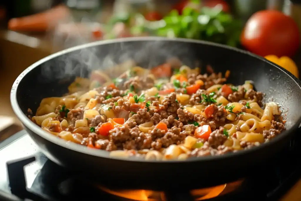 Zubereitung von One Pot Pasta mit Hackfleisch, zeigt Hackfleisch im Topf, das angebraten wird, mit Zwiebeln und Knoblauch daneben.