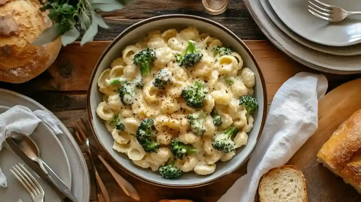 Detailaufnahme der Cremigen Erdnuss Brokkoli Orecchiette Pasta mit sichtbarer Soßenglanz