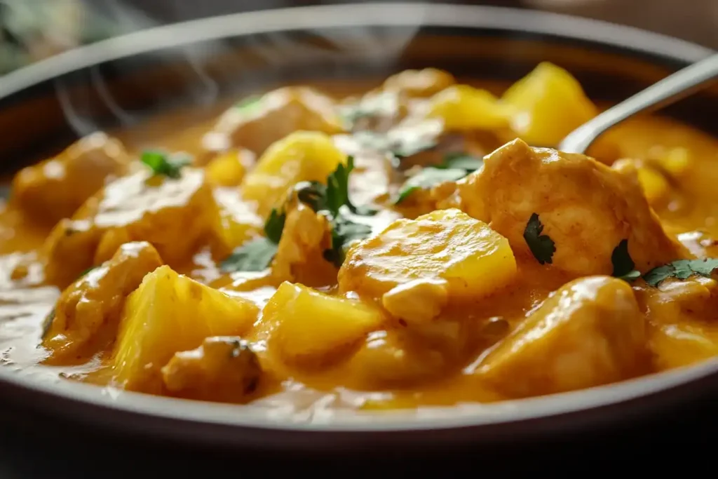 Top-down-Blick auf das Hähnchen Ananas Curry in einem kupfernen Servierteller mit Reis und Garnierung.