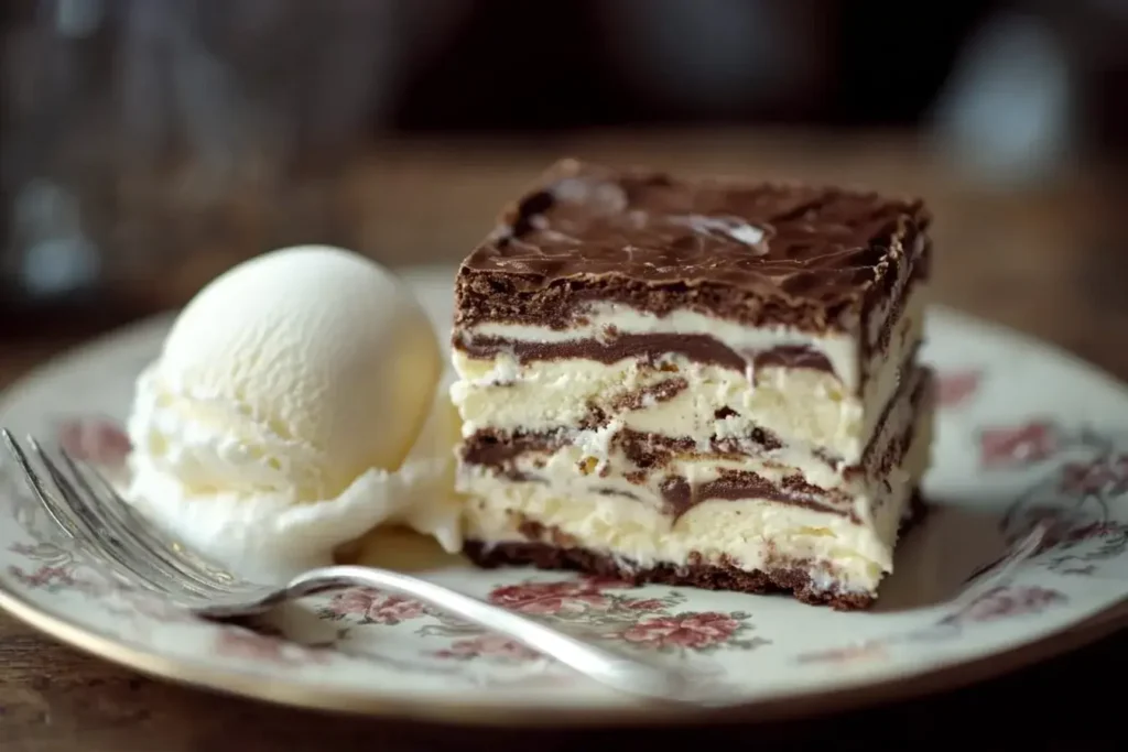 Frischkäse-Brownies in einer ordentlichen Schachbrettmuster-Arrangements, bestäubt mit Kakaopulver.