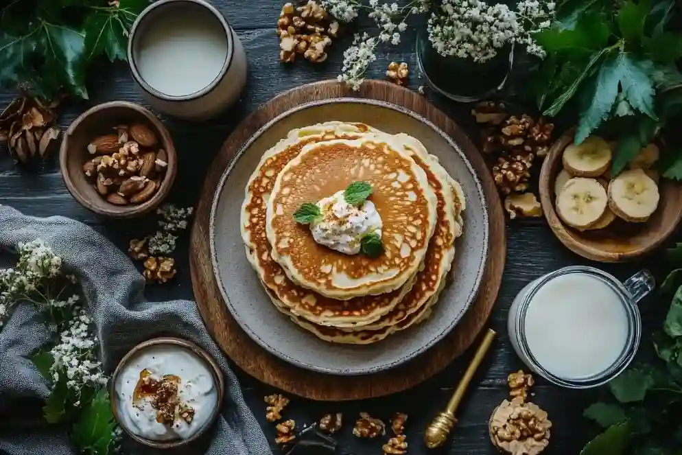 Vollständige Keto-Frühstückssammlung mit Pfannkuchen, Kaffee und Milch.