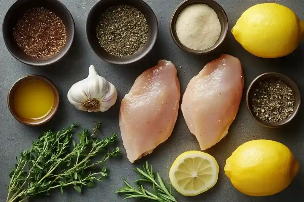 Zutaten für Hähnchen im Backofen: frische Hähnchenbrust, Knoblauch, Zitrone und Kräuter auf einem Holzbrett