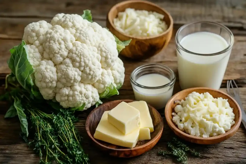 Frische Zutaten für den leckeren Blumenkohl Auflauf, darunter Blumenkohl, Käse und Kräuter.