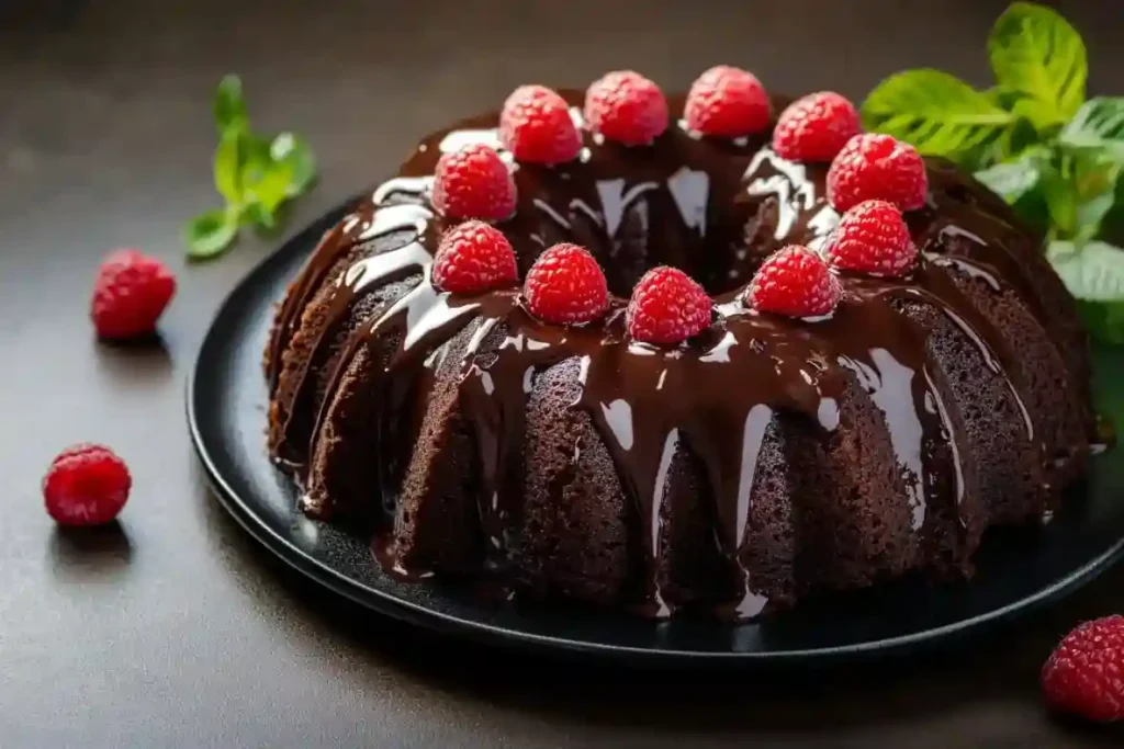 Schoko Gugelhupf mit Himbeeren: Mit zarten Schokorollen und Puderzuckerbestäubung.