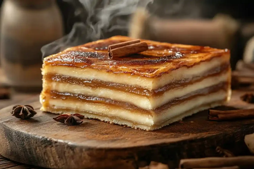 Detailansicht eines Zimtschnecken-Apfelkuchens mit flauschigem Teig, karamellisierten Äpfeln und einer Prise Puderzucker.