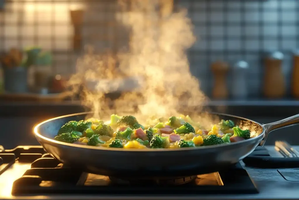 Zubereitung der Brokkoli-Schinken-Pasta: Brokkoli und Schinken werden in einer Pfanne gedünstet.