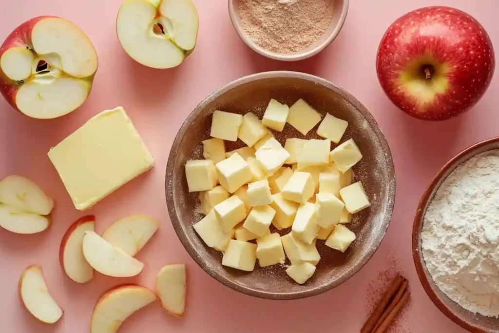 Zutaten für den Französischen Apfelkuchen: Äpfel, Zimt, Zucker und Butter auf einem Holzbrett