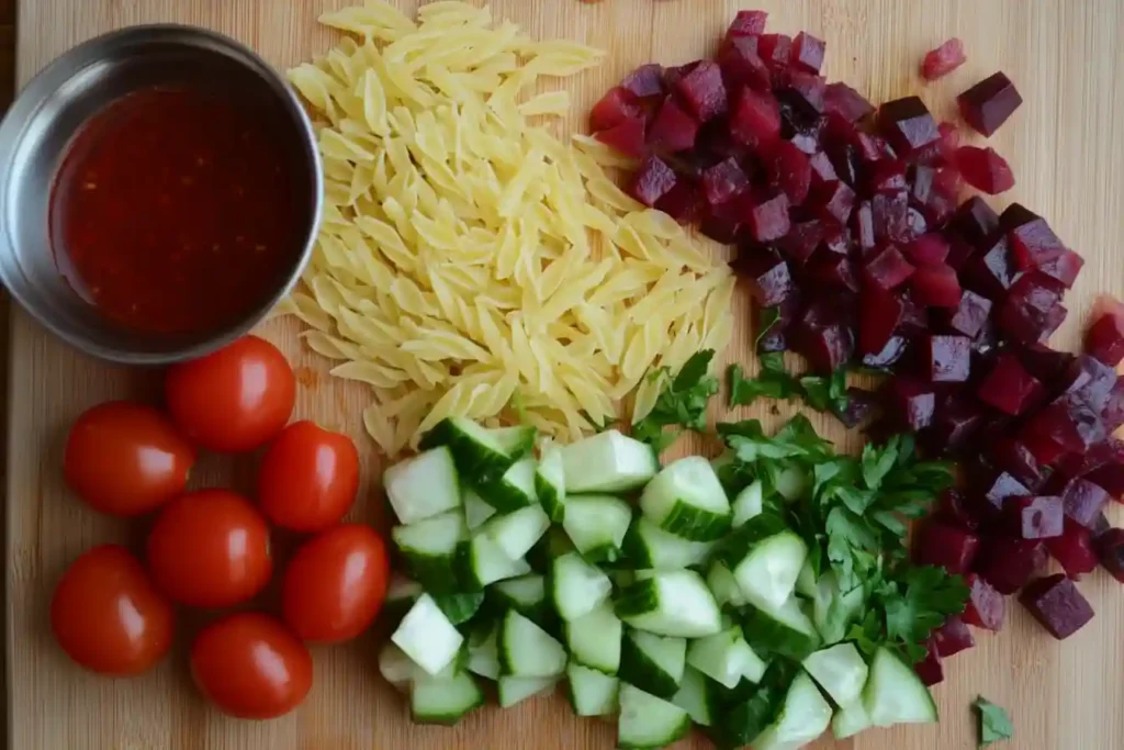 Risoni Salat Zutaten: Frische Tomaten, Gurke, Rote Beete und Kräuter für den perfekten Sommer-Salat.