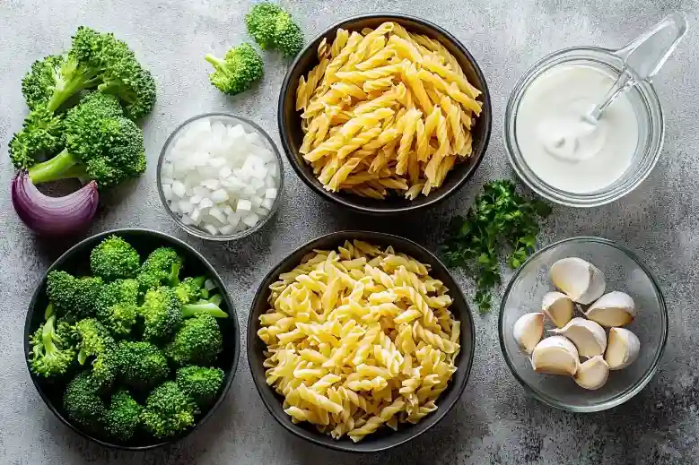 Nudeln mit Brokkoli in Sahne Soße – Zutaten für ein leckeres Pasta-Gericht.