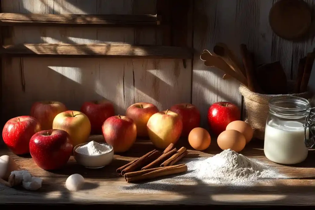 Apfelkuchen mit Vanillepudding: Frische Zutaten für den Kuchen vorbereitet