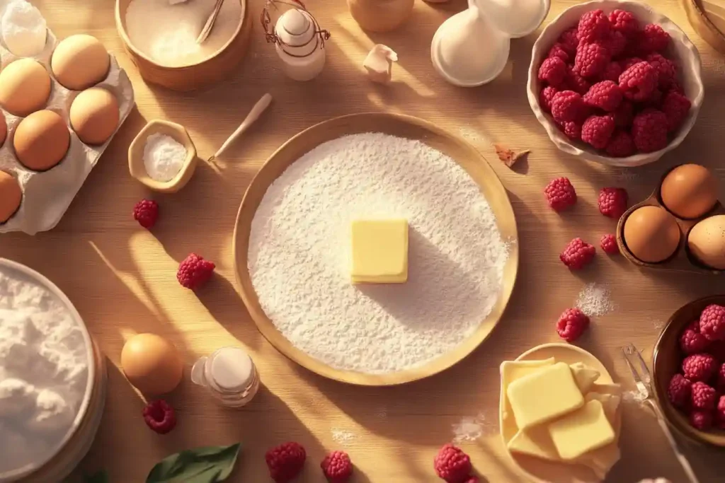 Zutaten für den Schoko Gugelhupf mit Himbeeren: Kakaopulver, Mehl, Zucker, Eier und frische Himbeeren.