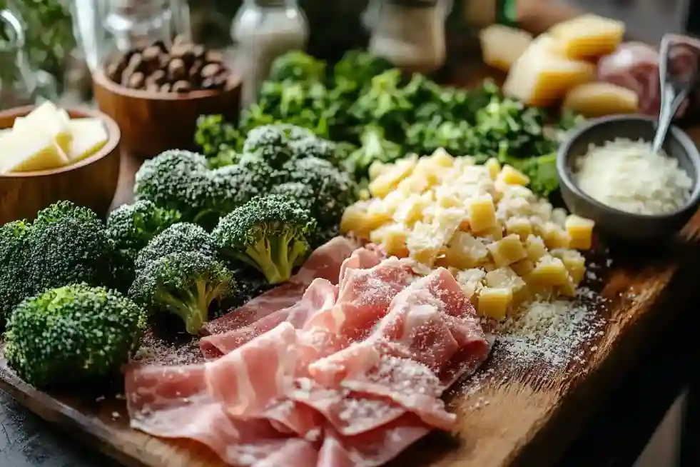 Zutaten für die Brokkoli-Schinken-Pasta: Frischer Brokkoli, dünn geschnittener Schinken und cremige Sauce mit geriebenem Parmesan.