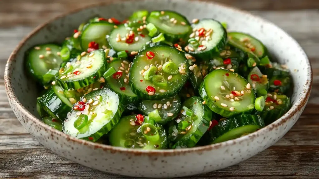 Knackiger Scharfer Gurkensalat mit roten Chiliflocken, Sesamöl und gerösteten Sesamsamen in einer weißen Schüssel angerichtet