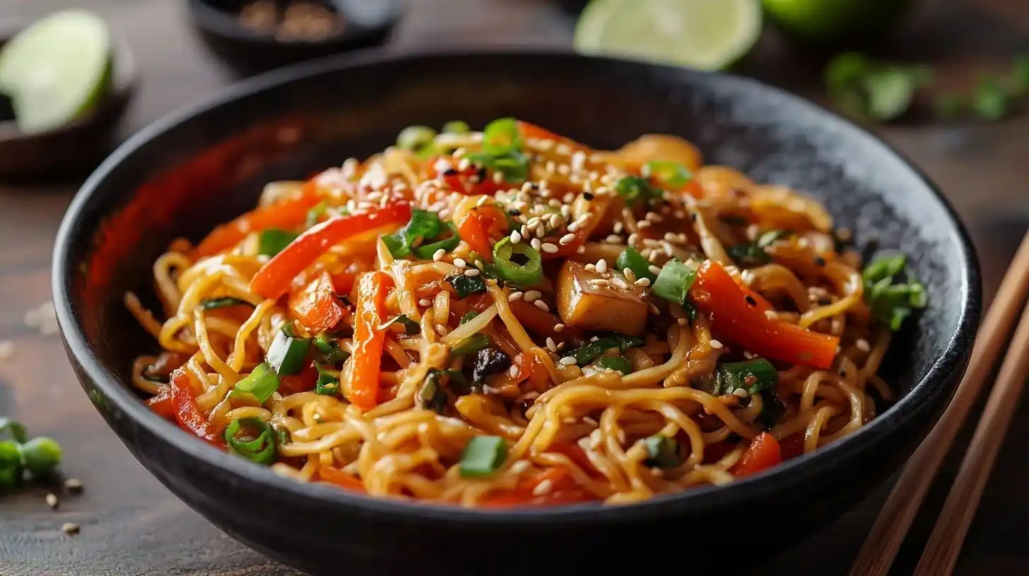 Asiatische Mie-Nudeln mit Gemüse in einer Schüssel, garniert mit Sesamsamen und Frühlingszwiebeln, serviert mit Stäbchen.