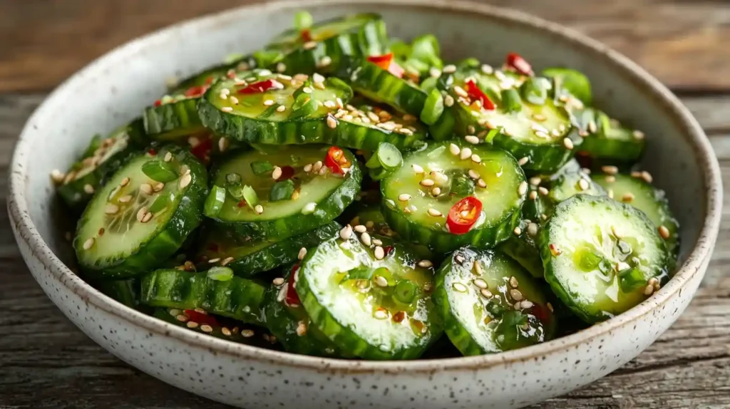 Knackiger Sharfer Gurkensalat mit roten Chiliflockenc, Sesamöl und gerösteten Sesamsamen in einer weißen Schüssel angerichtet