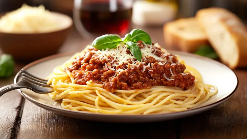 7 Spaghetti Soßen Rezepte: Eine Schüssel mit dampfenden Spaghetti, übergossen mit einer reichhaltigen Tomaten-Bolognese-Soße, garniert mit frischem Basilikum und geriebenem Parmesan