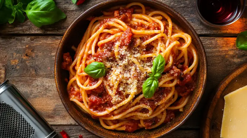 7 Spaghetti Soßen Rezepte: Eine Schüssel mit dampfenden Spaghetti, übergossen mit einer reichhaltigen Tomaten-Bolognese-Soße, garniert mit frischem Basilikum und geriebenem Parmesan