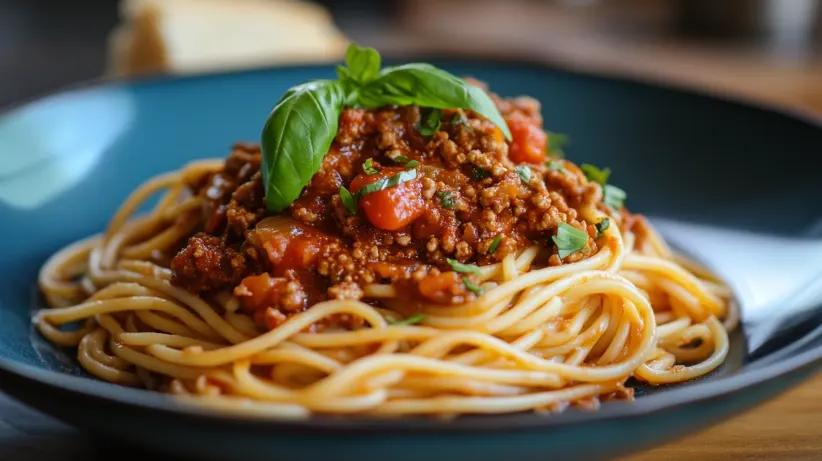 7 Spaghetti Soßen Rezepte: Eine Schüssel mit dampfenden Spaghetti, übergossen mit einer reichhaltigen Tomaten-Bolognese-Soße, garniert mit frischem Basilikum und geriebenem Parmesan