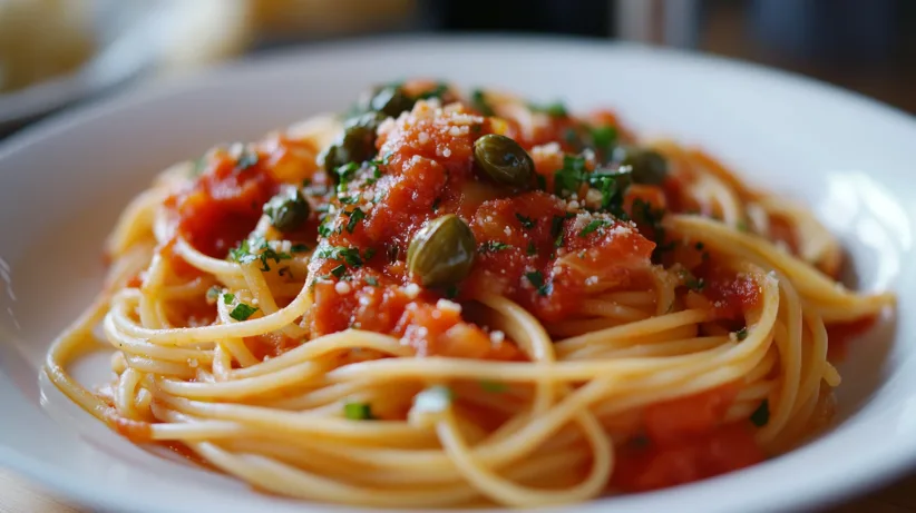 7 Spaghetti Soßen Rezepte: Eine Schüssel mit dampfenden Spaghetti, übergossen mit einer reichhaltigen Tomaten-Bolognese-Soße, garniert mit frischem Basilikum und geriebenem Parmesan