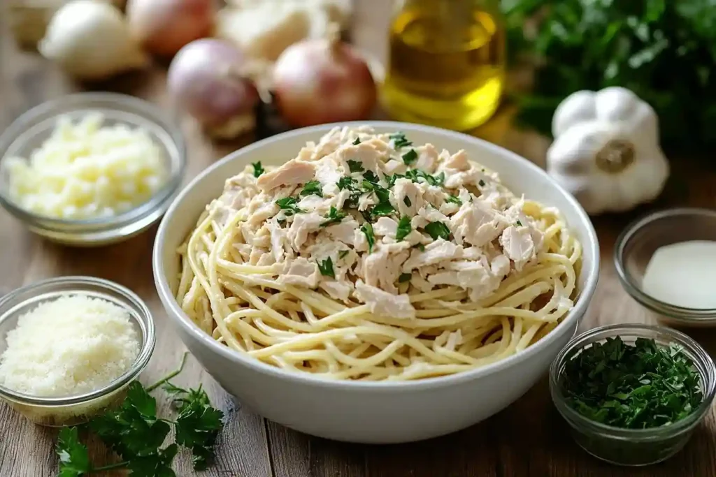 Spaghetti mit Thunfisch-Sahne-Soße aus，umgeben von Garnierung und Essbesteck.