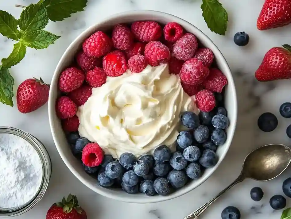 Zutaten für Schneegestöber Dessert: Sahne, Puddingpulver, Beeren, weiße Schokolade und Minze auf Holztisch