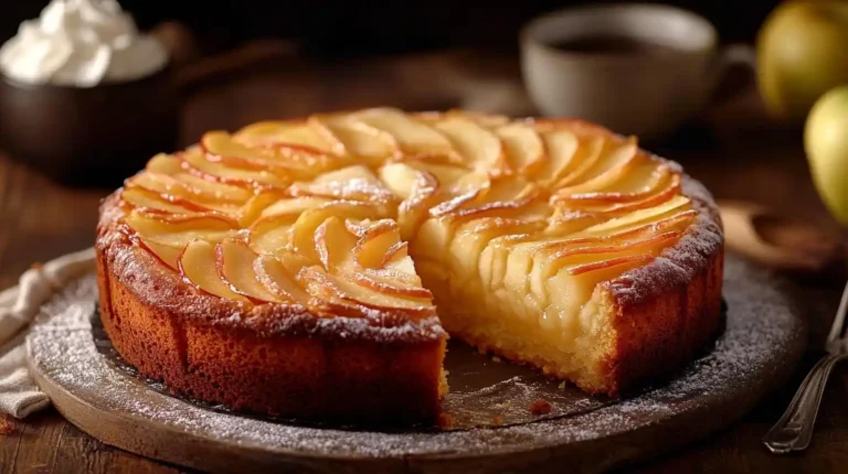 Ein saftiger Apfel Schmand Kuchen mit goldenen Apfelscheiben, bestäubt mit Puderzucker, serviert auf einer rustikalen Holzplatte