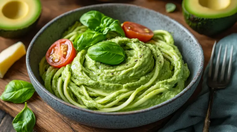 Avocado Nudeln auf einem weißen Teller angerichtet, garniert mit frischem Basilikum und Tomatenwürfeln.