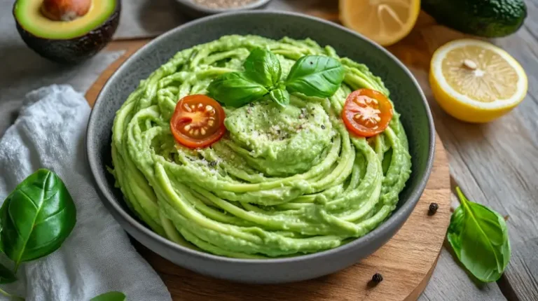 Avocado Nudeln auf einem weißen Teller angerichtet, garniert mit frischem Basilikum und Tomatenwürfeln.