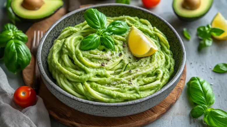 Avocado Nudeln auf einem weißen Teller angerichtet, garniert mit frischem Basilikum und Tomatenwürfeln.