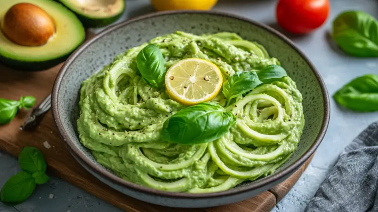 Avocado Nudeln auf einem weißen Teller angerichtet, garniert mit frischem Basilikum und Tomatenwürfeln.