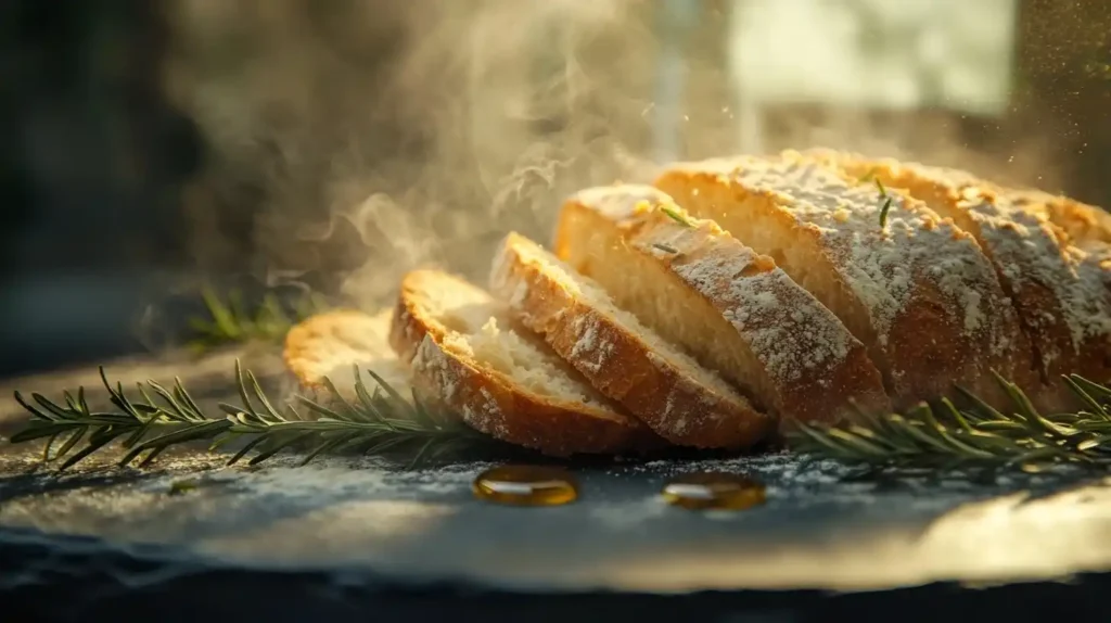 Geschnittenes glutenfrei Baguette auf rustikalem Holzbrett mit Mehlstaub, frischen Kräutern und Olivenöl – knusprige Kruste und luftige Krume sichtbar