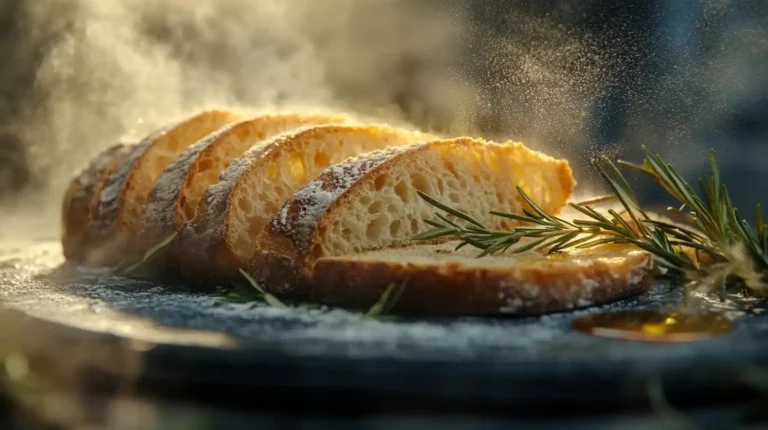 Geschnittenes Baguette Glutenfrei auf rustikalem Holzbrett mit Mehlstaub, frischen Kräutern und Olivenöl – knusprige Kruste und luftige Krume sichtbar