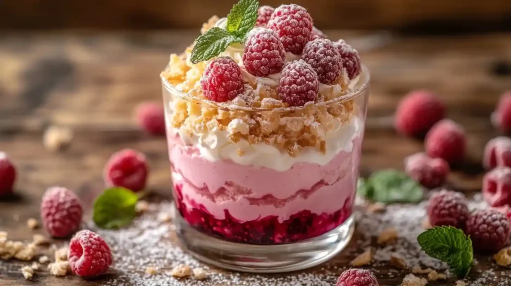 Baiser Himbeer Dessert in einem Glas mit knusprigem Baiser, cremiger Himbeerfüllung und frischen Himbeeren, garniert mit Minzblättern und Puderzucker.