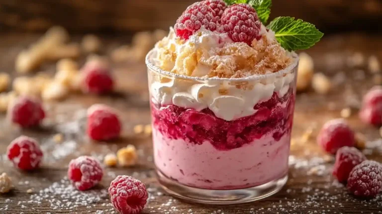 Baiser Himbeer Dessert in einem Glas mit knusprigem Baiser, cremiger Himbeerfüllung und frischen Himbeeren, garniert mit Minzblättern und Puderzucker.