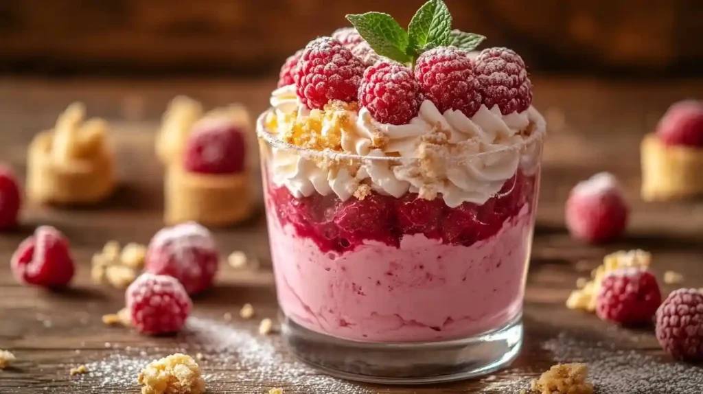 Baiser Himbeer Dessert in einem Glas mit knusprigem Baiser, cremiger Himbeerfüllung und frischen Himbeeren, garniert mit Minzblättern und Puderzucker.