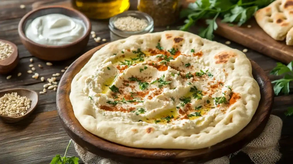 Freshly baked gluten-free flatbread (glutenfreies Fladenbrot) with golden-brown crust and air pockets, served on a rustic wooden board with hummus, olives, and fresh herbs. Ingredients include gluten-free flour, yogurt, and olive oil.