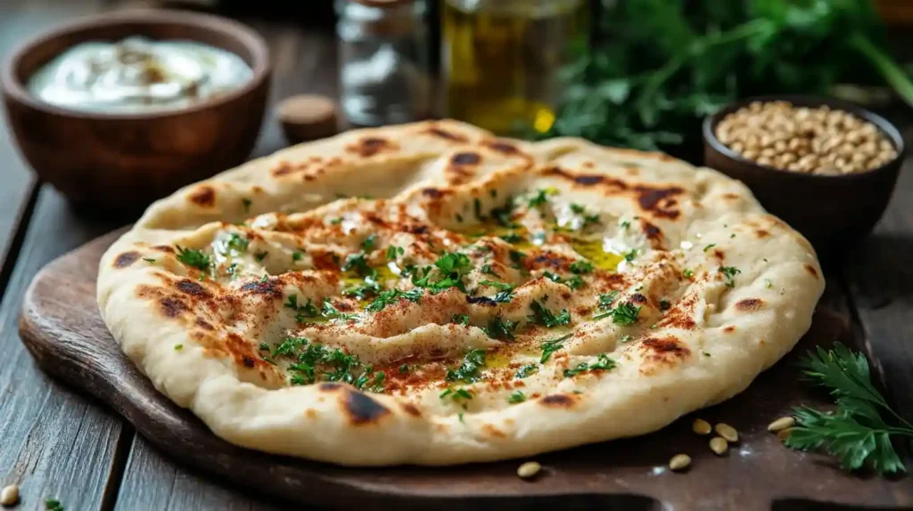 Freshly baked gluten-free flatbread (glutenfreies Fladenbrot) with golden-brown crust and air pockets, served on a rustic wooden board with hummus, olives, and fresh herbs. Ingredients include gluten-free flour, yogurt, and olive oil.