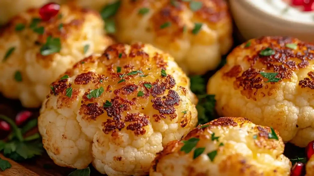 Knuspriger Blumenkohl im Ofen mit goldbraunem Käse überbacken, serviert auf einem weißen Teller mit frischen Kräutern garniert.