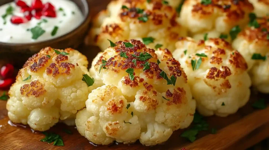 Knuspriger Blumenkohl im Ofen mit goldbraunem Käse überbacken, serviert auf einem weißen Teller mit frischen Kräutern garniert.