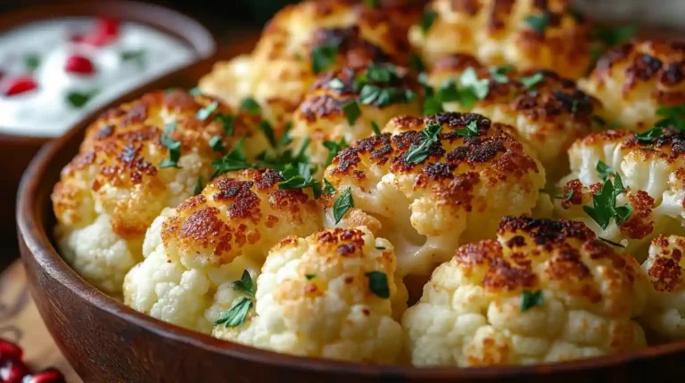 Knuspriger Blumenkohl im Ofen mit goldbraunem Käse überbacken, serviert auf einem weißen Teller mit frischen Kräutern garniert.