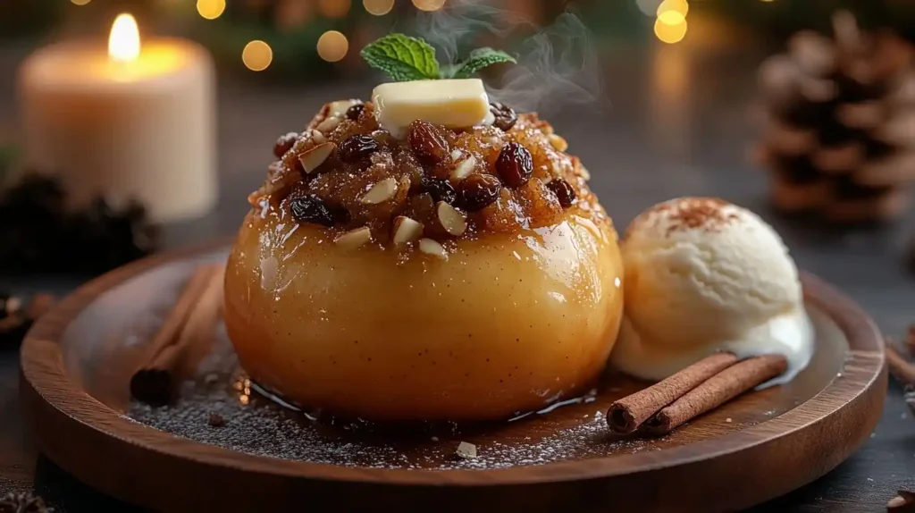 Bratapfel Dessert Warme Bratäpfel mit Zimt, Rosinen und Mandeln, serviert mit Vanilleeis und garniert mit Zimtstangen und Minzblättern auf einem rustikalen Holztisch.