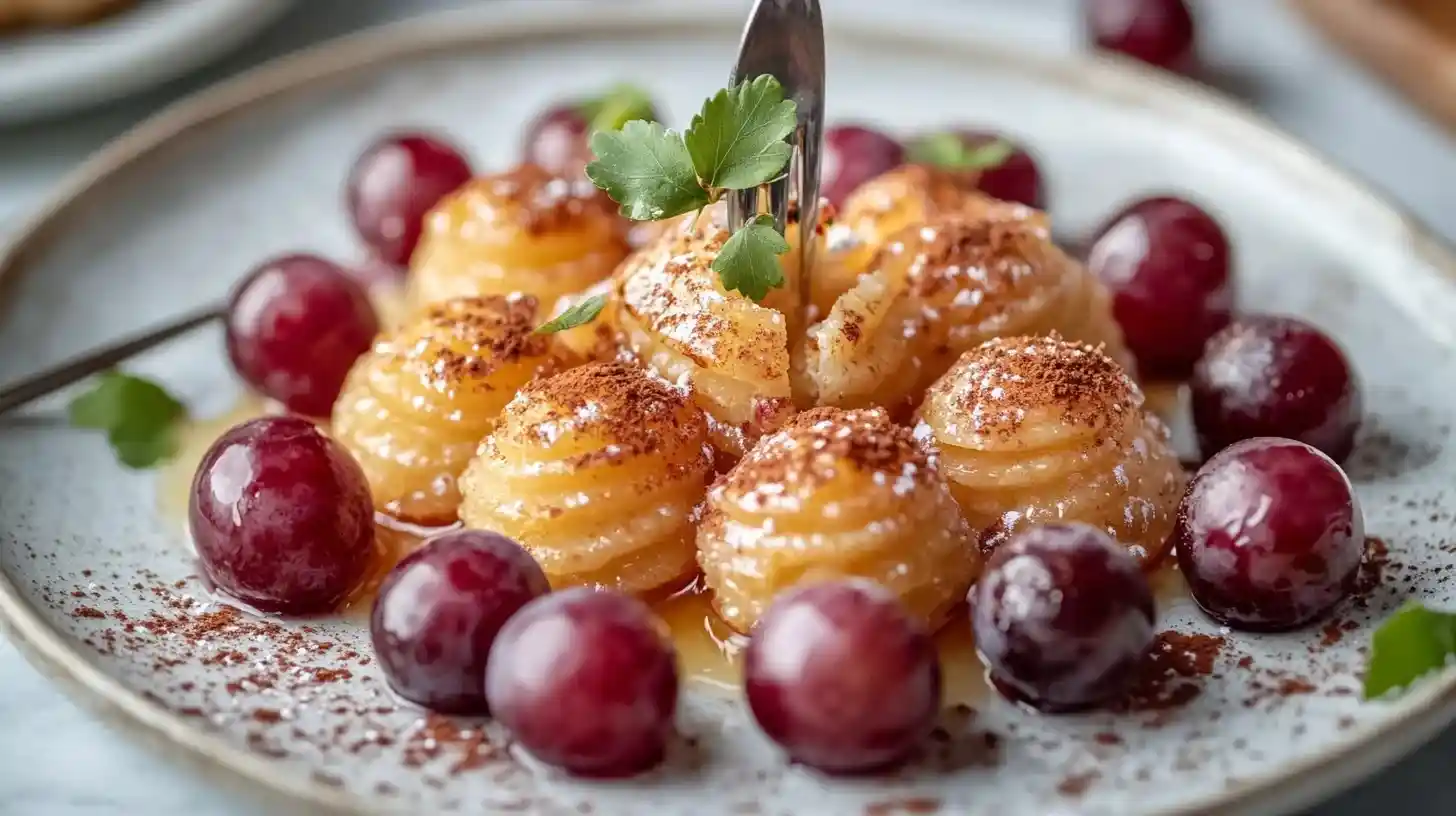 Fertiges Weintrauben Dessert mit Cookies, garniert mit Sahne und Zimt, in einer eleganten Präsentation.