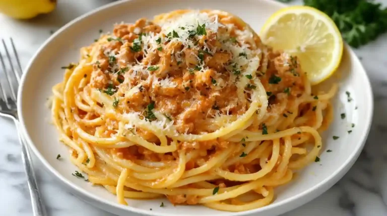 Fertiges Gericht Spaghetti mit Zitronen-Thunfischsoße auf einem weißen Teller