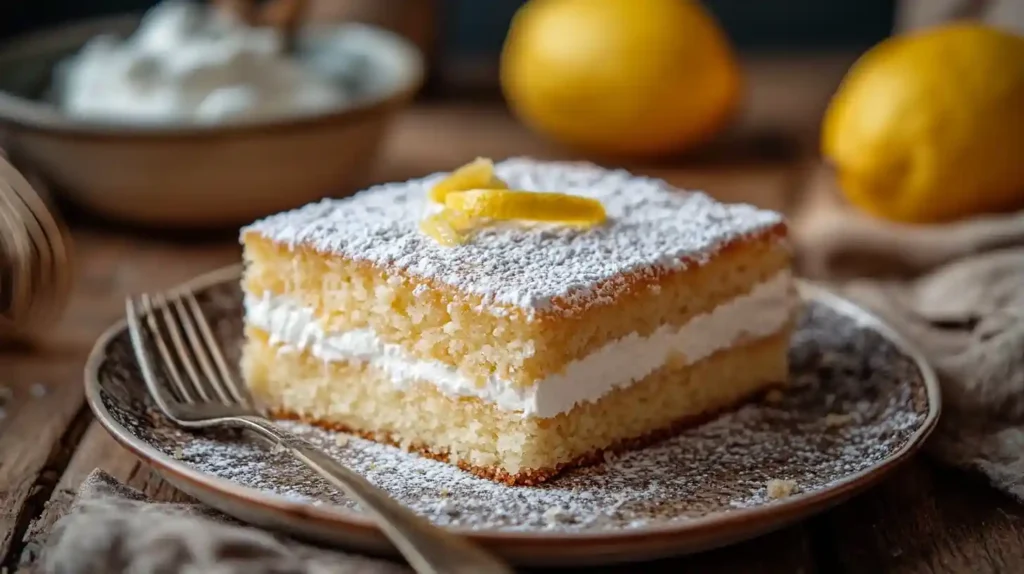 Fluffiger-Faule Weiber-Kuchen mit Quark, goldbraun gebacken, mit Puderzucker bestäubt und frischen Beeren garniert, auf einem rustikalen Holztisch serviert.