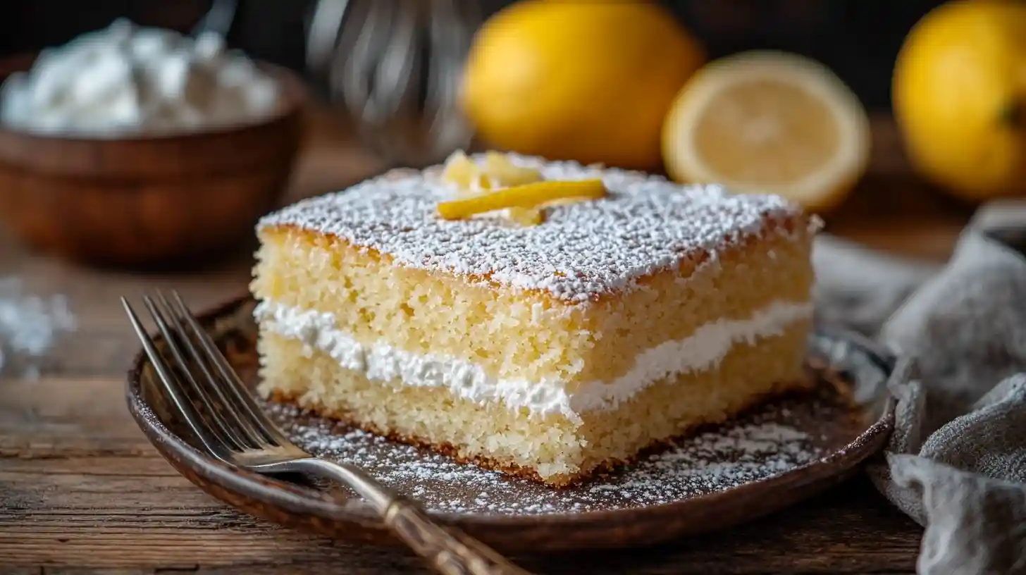 Fluffiger-Faule Weiber-Kuchen mit Quark, goldbraun gebacken, mit Puderzucker bestäubt und frischen Beeren garniert, auf einem rustikalen Holztisch serviert.