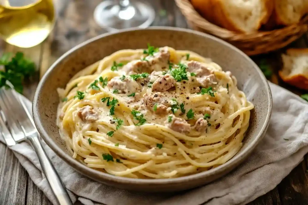 Nahaufnahme von Spaghetti mit Thunfisch-Sahne-Soße, die cremige Konsistenz und zarte Thunfischstücke betont.