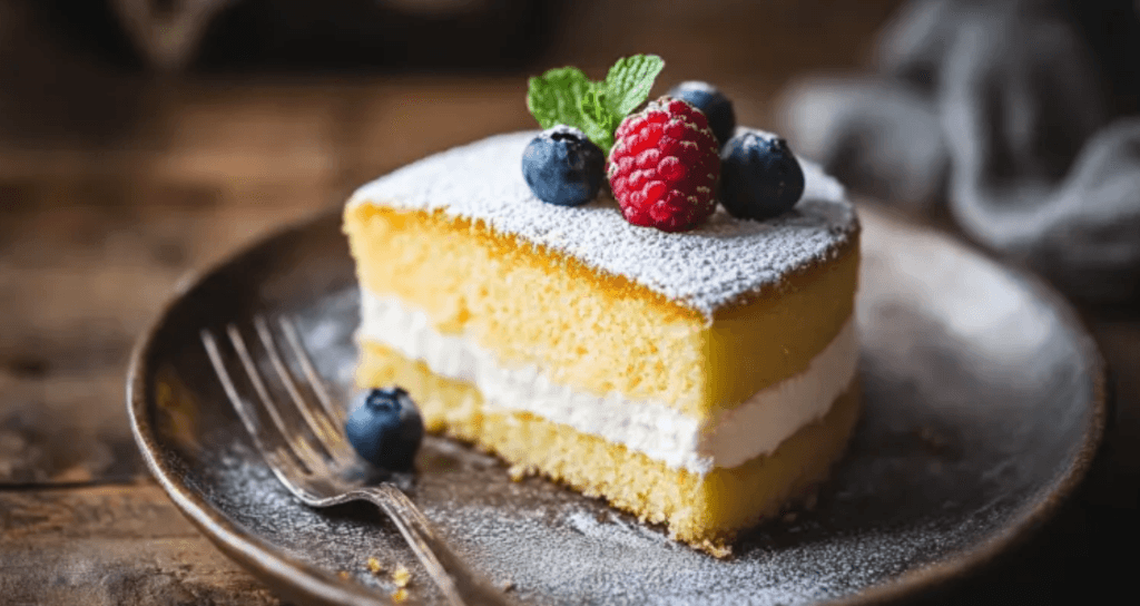 Ein saftiger Dreh-dich-uam-Kuchen mit Quark, der auf einer weißen Porzellantorte platziert ist. Die cremige Quarkfüllung ist oben sichtbar und mit Puderzucker dekoriert. Frische Himbeeren und Minzeblätter zieren den Rand für einen frischen Look.