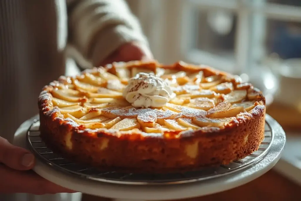 Schneller Apfelkuchen in Scheiben geschnitten auf einem weißen Teller mit Spitzentuch